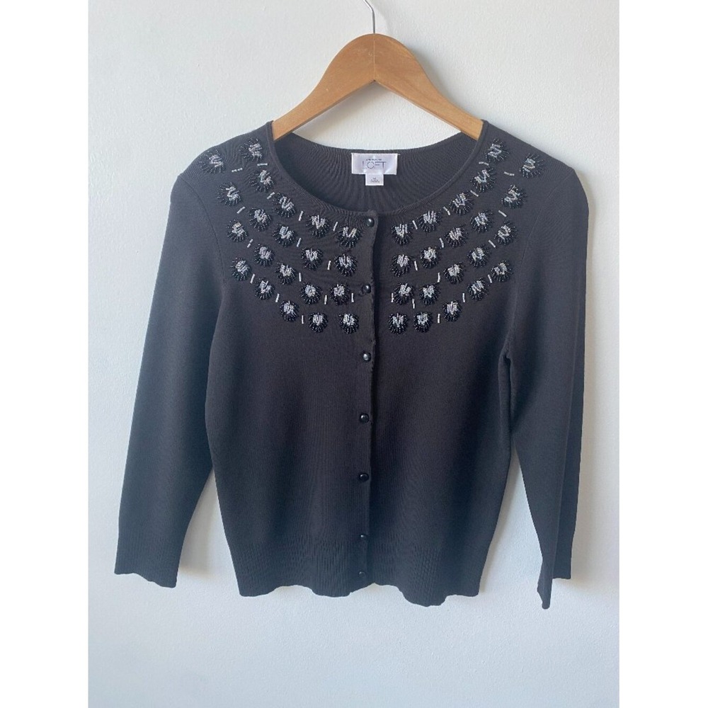 LOFT Ann Taylor Black Beaded Cardigan Medium | Embellished Button Front Sweater